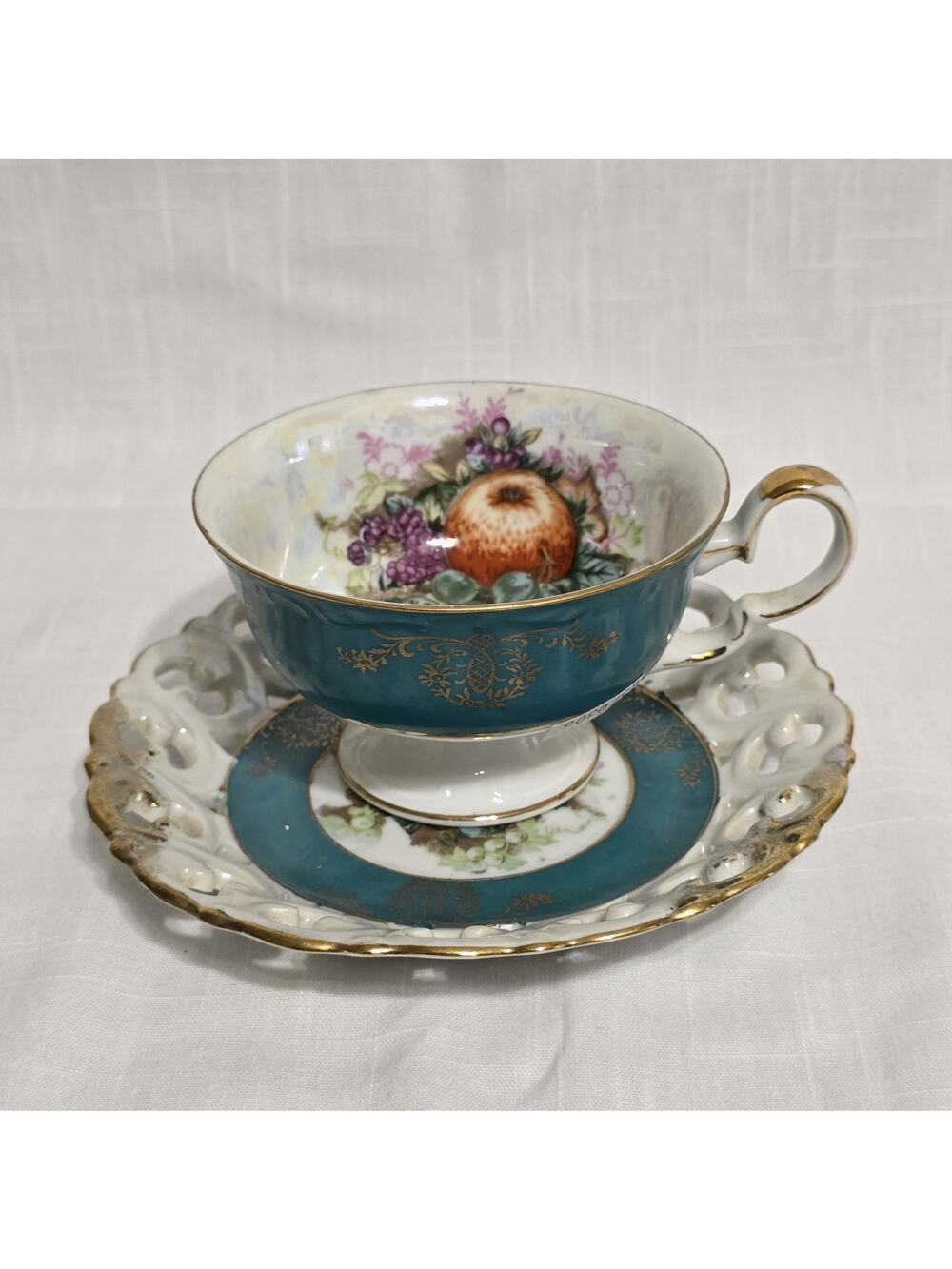 Vintage Royal Halsey Very Fine Teacup & Pierced Saucer Set Turquoise Gold Gilt